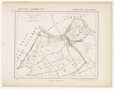 124 Een gemeente kaartje van Culemborg. De gemeentegrens is ingetekend en ingekleurd, 1867
