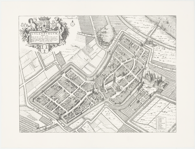 165 Een plattegrond van Culemborg in vogelvlucht met rechtsonder een legenda van alle belangrijke gebouwen in de stad. ...