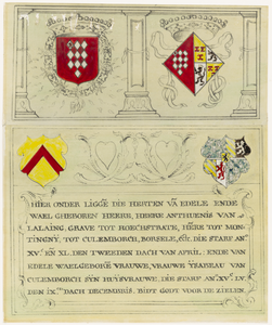 215 Tekening van de koperen platen met de wapens van Antonis Lalaing, Elisabeth van Culemborg, Joanna van Gaver ...