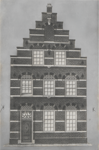 590 Zandstraat 9 toen het huis nog bewoond werd door schoolmeester W. Donkersloot. Naar een tekening uit 1860.