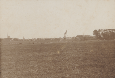 2483 Gezicht op Culemborg. Links kerktorens en rechts molen Havendijk