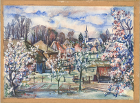72 Een aquarel met een gezicht op een dorpje met een kerkje, met bomen die bloesem dragen, gezien vanaf een dijk