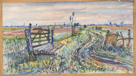 73 Een aquarel met een polderlandschap met aan de horizon molens, schoorstenen van steenfabrieken
