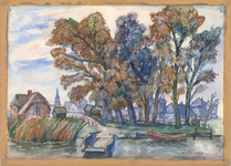 76 Een aquarel van het veer van Mariënwaerdt gezien richting Enspijk. Links op de tekening de boerderij van Van ...