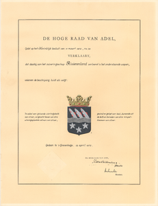90 Diploma verleend door de Hoge Raad van Adel van het wapen van het Zuiveringsschap Rivierenland