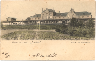 1030 Een prentbriefkaart van de voorzijde van het spoorwegstation van Geldermalsen met perronoverkapping en overbrugging