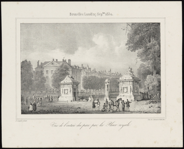 71 Bruxelles Lundi 27 Sep. bre 1830 : Vue de l'entré du parc par la Place royale