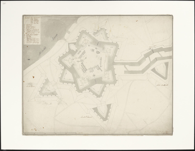 220 Plattegrond van de citadel met de omliggende lunetten en het fort Mentobello. De Schelde linksboven aan de kaart. ...