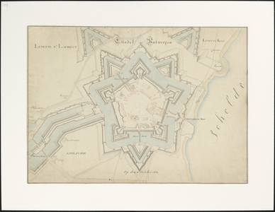 227 Plattegrond van de citadel met de lunetten. Rechts de rivier De Schelde., CITADEL VAN ANTWERPEN (boven in de prent) ...