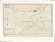 238 Kaart met bovenaan de stadsrand en de citadel en er tegenover het Vlaamse Hoofd met geïnundeerde land. Op de rivier ...