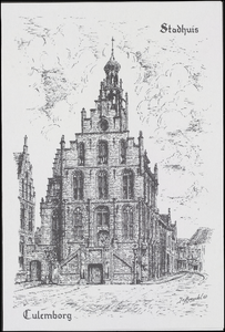406 Tekening. Stadhuis in laatgotische stijl gebouwd in 1539 naar ontwerp van Rombout Keldermans.