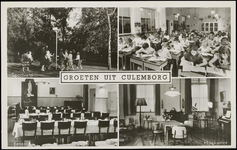 611 4 afbeeldingen: sportveld, klaslokaal, eetzaal, huiskamer