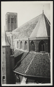 1730 Achterzijde van de Grote of Barbarakerk met de Vierkanten toren. Gotische kruisbasiliek uit de 14e eeuw, in 1654 ...