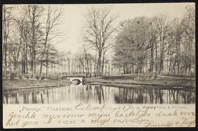 1923 Vijver en bruggetje in de Plantage. Het stadspark van Culemborg aan de Wilhelminadreef.