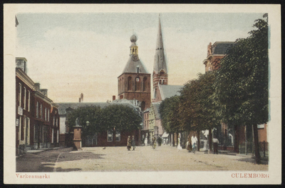 2513 Zicht vanaf de Varkensmarkt naar de Binnenpoort. Naast de Binnenpoort de toren van de RK Barbarakerk.