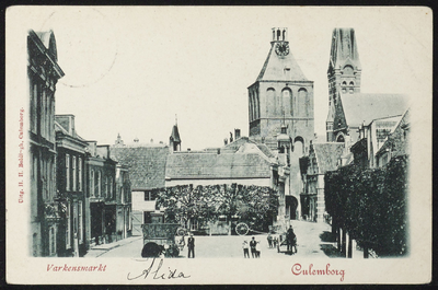 2534 Zicht vanaf de Varkensmarkt naar de Binnenpoort. Naast de Binnenpoort de toren van de RK Barbarakerk.