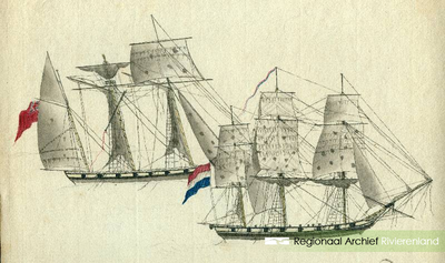 88 Pentekening grijstinten met kleuraccenten voorstellende het gevecht tussen de Britise HMS Thistle en de Nederlandse ...