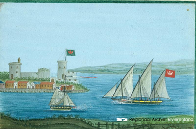 90 Aquarel voostellende de stad Mutsamudu met de citadel op Anjouan, Comoren en twee schepen waarvan een voernde de ...