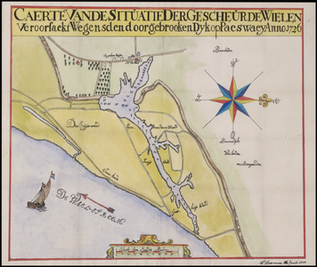 2 In 1726 is bij Passewaaij na een dijkdoorbraak een wiel of waaij ontstaan. Op de kaart is dit wiel zeer gedetailleerd ...