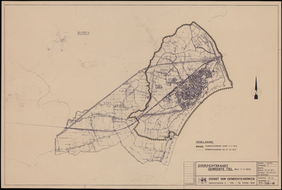 24 Een overzichtskaart van de gemeente Tiel met daarop aangegeven de gemeente grens van Tiel voor 01-01-1978 en de ...