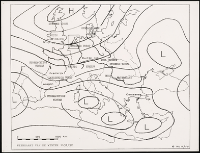 43 Een overzichtskaart van Europa waarop de weersgesteldheid in de winter van 1431-1432 in Europa is weergegeven, 1983