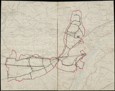 47 Een topografische kaart met daarop ingetekend de gemeentegrens van Wadenoijen met Tiel. In het gebied van Wadenoijen ...