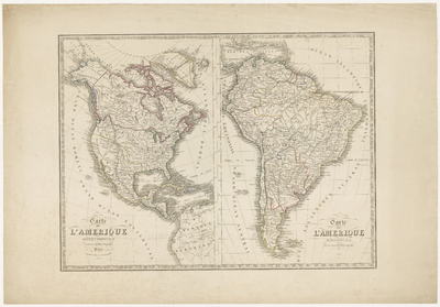 58 Een overzichtskaart van Amerika in twee delen op één blad. De eerste kaart stelt Noord-Amerika voor en de tweede ...