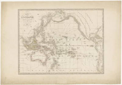 59 Een overzichtskaart van het continent Oceanië met Nieuw-Zeeland, Nieuw-Guinea, Australië en diverse eilanden ...