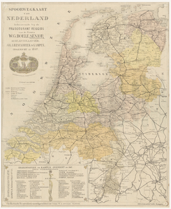 66 Een overzichtskaart van Nederland met daarop aangegeven het spoorwegnet rond 1920. Linksboven de titel en linksonder ...