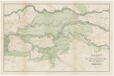 87 Een overzichtskaart van het Rivierengebied waar in het groen ingekleurde deel de overstroming in maart 1855 als ...