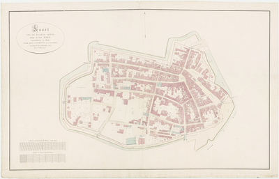 97 Kadastrale kaart van de afdeling E of sectie E van de stad Tiel binnen de stadsgracht. Het noorden is boven. Op de ...