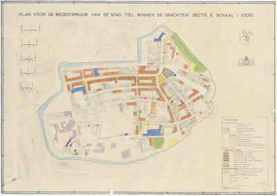 106 Een plattegrond van de Tielse binnenstad met daarop de oorspronkelijke bebouwing van voor de Tweede Wereldoorlog en ...