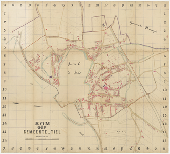 107 Een plattegrond van de bebouwde kom van Tiel buiten de binnenstad, met de gemeente grenzen tussen Tiel en ...