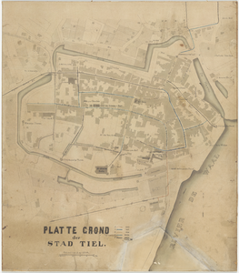 110 Een plattegrond van de binnenstad van Tiel met alle belangrijke gebouwen en ingekleurd vermoedelijk het ...