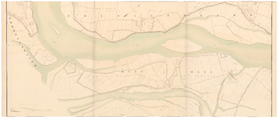 122 Een kaart van het gebied waar de Maas en Waal heel dicht bij elkaar liggen, ongeveer tussen Rossum en Heerewaarden. ...