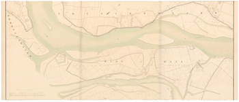 122 Een kaart van het gebied waar de Maas en Waal heel dicht bij elkaar liggen, ongeveer tussen Rossum en Heerewaarden. ...
