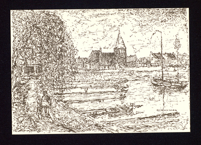 674 Hervormde kerk Geldermlasen, tekening van de Geldermalsense kunstschilder R.(Reijer) C.Murman. Op achtergrond de ...