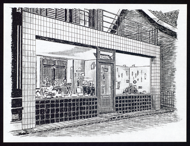 993 Een tekening van Geldersestraat, W.H.van der Valk De nieuwe fotowinkel. Pentekening van M.D. van Trigt