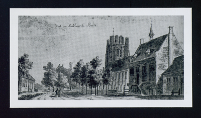 3049 Beesd - NH kerk Een prent uit de 18e eeuw, met het oude Raadhuis aan de Voorstraat