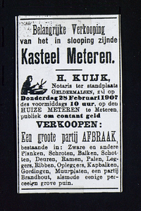 3133 Huize Meteren Advertentie van het in slooping zijnde kasteel Meteren , uit een krant van 1907