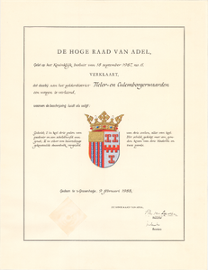 2269 Diploma verleend door de Hoge Raad van Adel van het wapen van het polderdistrict Tieler- en Culemborgerwaarden