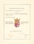 2269 Diploma verleend door de Hoge Raad van Adel van het wapen van het polderdistrict Tieler- en Culemborgerwaarden