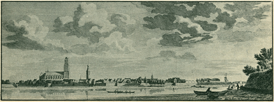 221 Prent van zicht op de stad Zaltbommel vanaf de Waal naar een prent uit 1731