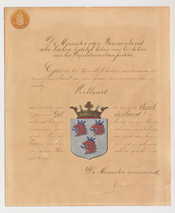 682 Diploma, akte houdende verklaring van de minister van binnenlandse zaken van het wapen van de gemeente Varik