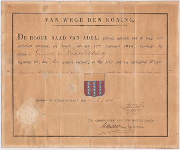 1118 Diploma verleend door de Hoge Raad van Adel van het gemeentewapen van de gemeente Waardenburg