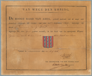 2500 Diploma verleend door de Hoge raad van Adel van het wapen van de gemeente Beesd (Beest)