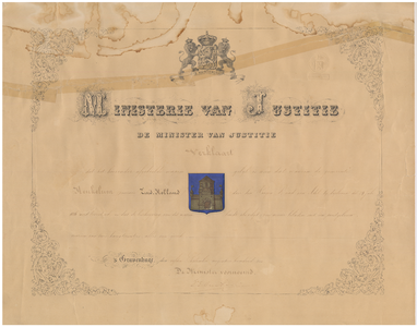1778 Diploma verleend door de minister van justitie houdende verklaring dat het afgebeelde wapen gelijk is aan het ...