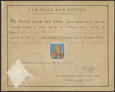 1779 Diploma verleend door de Hoge Raad van Adel van het wapen van de gemeente Heukelum