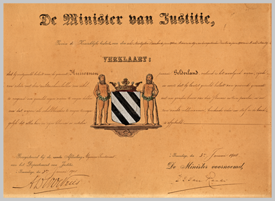 1134 Diploma verleend door de minister van justitie houdende bevestiging van het wapen van de gemeente Hurwenen ...