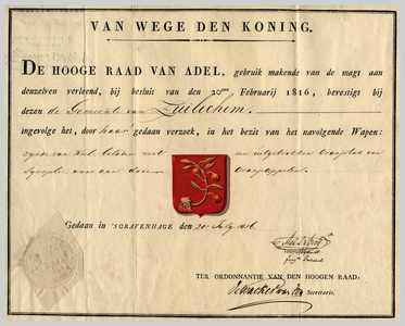 609 Diploma verleend door de Hoge raad van Adel van het wapen van de gemeente Zuilichem